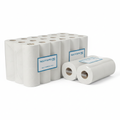 Bulk commercial grade toilet paper rolls in packaging on white background