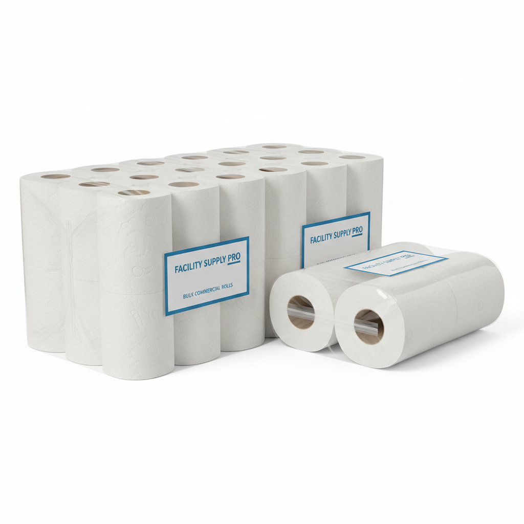 Bulk commercial grade toilet paper rolls in packaging on white background
