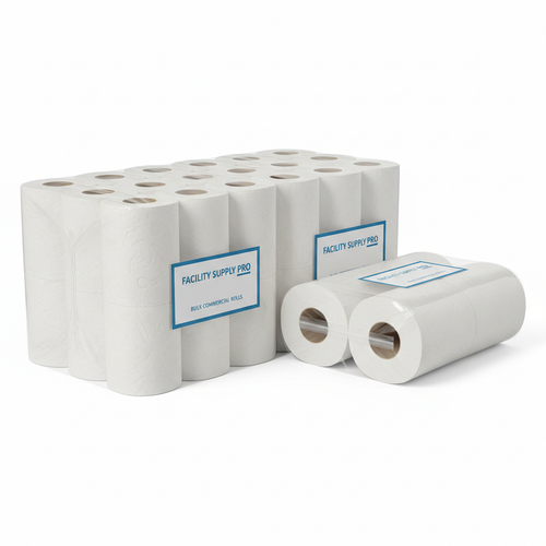 Bulk commercial grade toilet paper rolls in packaging on white background
