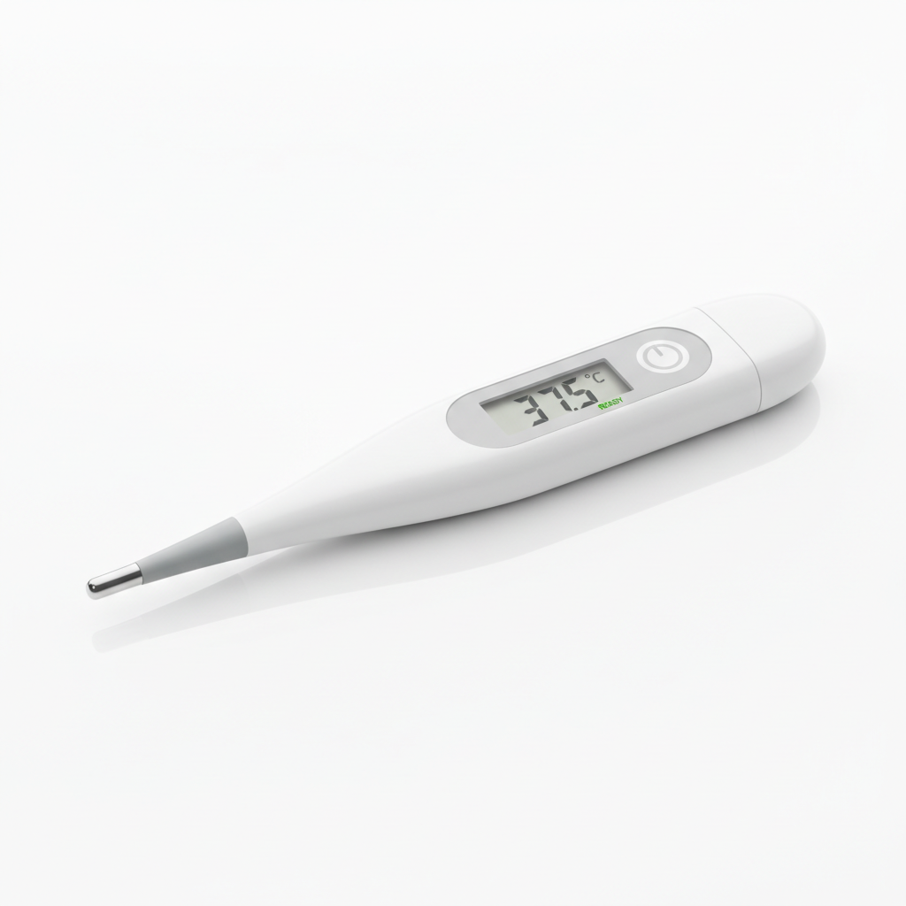 Digital medical thermometer on white background