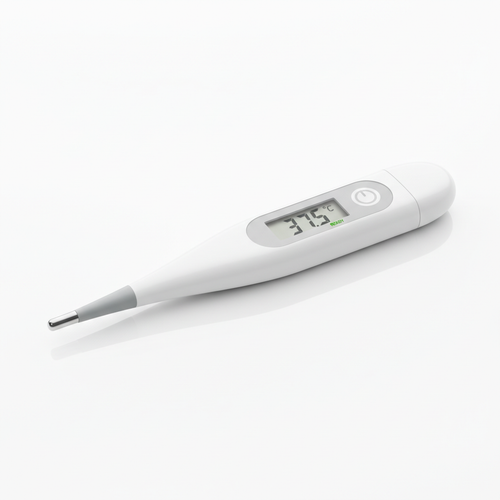 Digital medical thermometer on white background