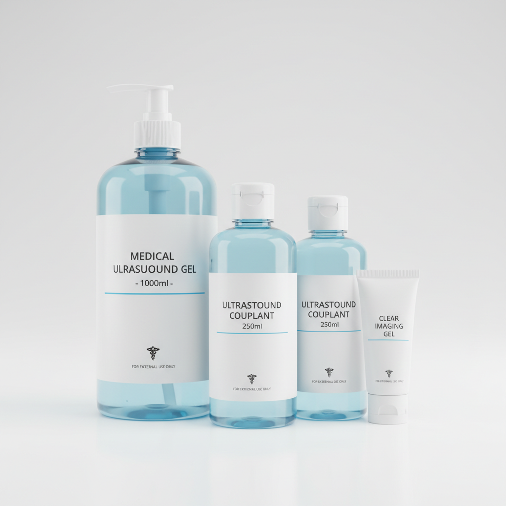 Medical ultrasound gel bottles in various sizes on white background