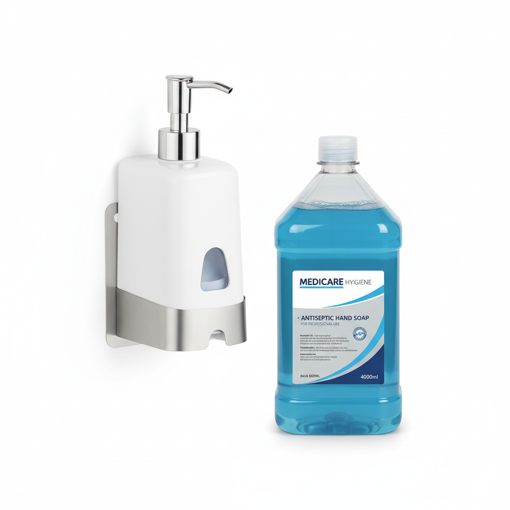 Commercial medical grade liquid hand soap dispenser and bulk refill bottle on white background